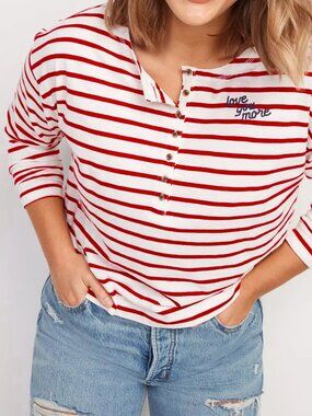 Womens Old Navy Long Sleeve Henley Top Red White Stripe Americana Nautical XXL